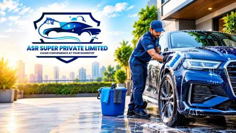 ASR Super doorstep car wash service featuring a professional cleaner washing a blue car with foam, showcasing convenient car cleaning at your doorstep.