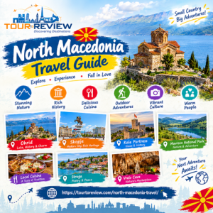 North Macedonia travel guide featuring Lake Ohrid, historic churches, mountain scenery, and the beautiful Balkan landscape.