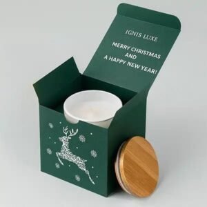 Green Christmas candle gift box with a festive reindeer design, white candle, and wooden lid.