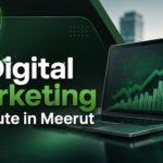 VSM Scholars Digital Marketing Institute in Meerut banner featuring a laptop with digital growth analytics, rising green charts, and a target symbol representing digital marketing success.